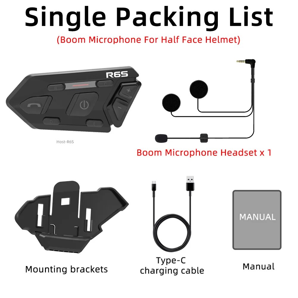 WAYXIN 6 Riders Helm Headset Motorfiets Bluetooth Intercom Draadloze Communicatie GPS Interphone Waterdichte 1200M BT 5.0 R 6S: Rood