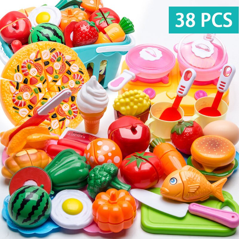 150pcs Plastic Kitchen Toy Shopping Cart Set Cut Fruit and Vegetable Food Play House Simulation Toys Early Education Girl: 38-piece set