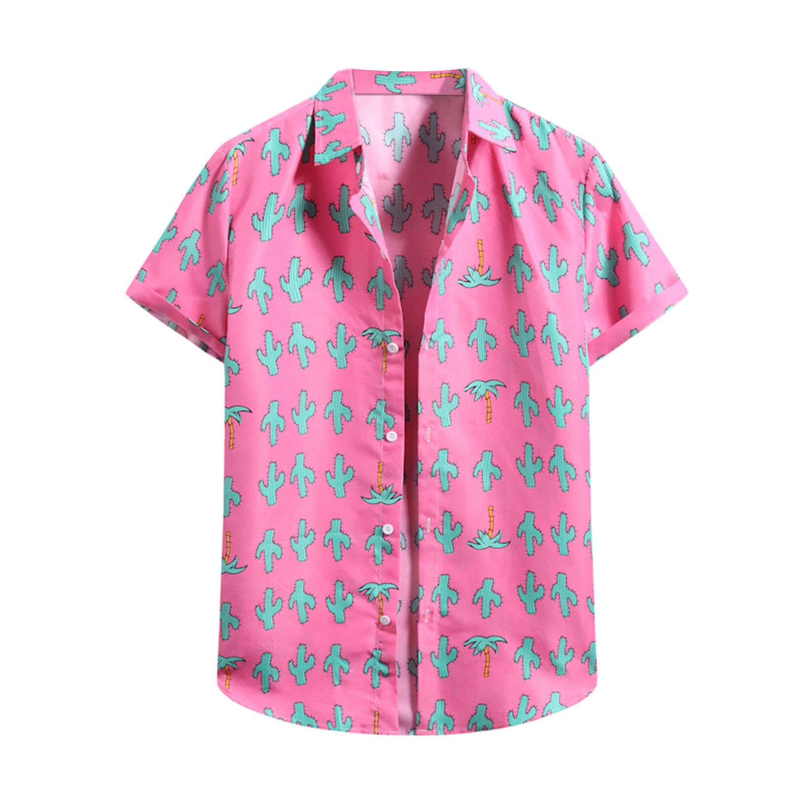 Mens Cactus Printing Flower Shirt Turn Down Collar Short Sleeve Loose Casual Shirt Mens Summer Hawaiian Shirts Beach Tops: S