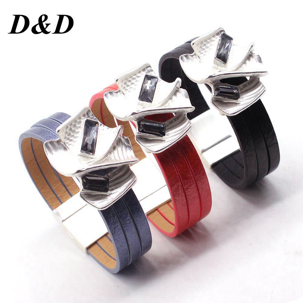 D & D Charme Kristall Legierung Leder Armbinde für Frauen Femme Coole Verschluss Armbinde Manschette Armbinde Hochzeit Schmuck