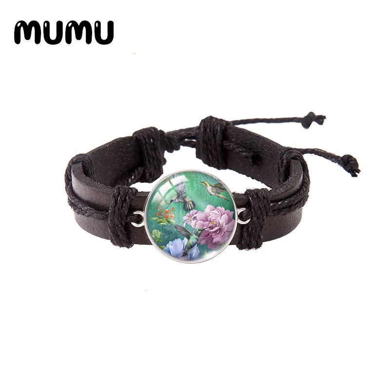 Hummingbird Flower Leather Bracelet Round Glass Dome Bracelets Handmade Jewelry Men Women: 3