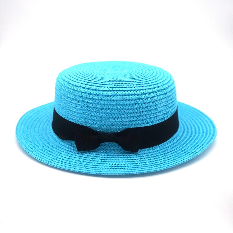 eenvoudige Zomer Vrouwelijke Casual Panama ouder-kind Strand Hoed Dame Vrouwen Platte rand Strik Stro cap glris zonnehoed: 4 / 50-54cm children