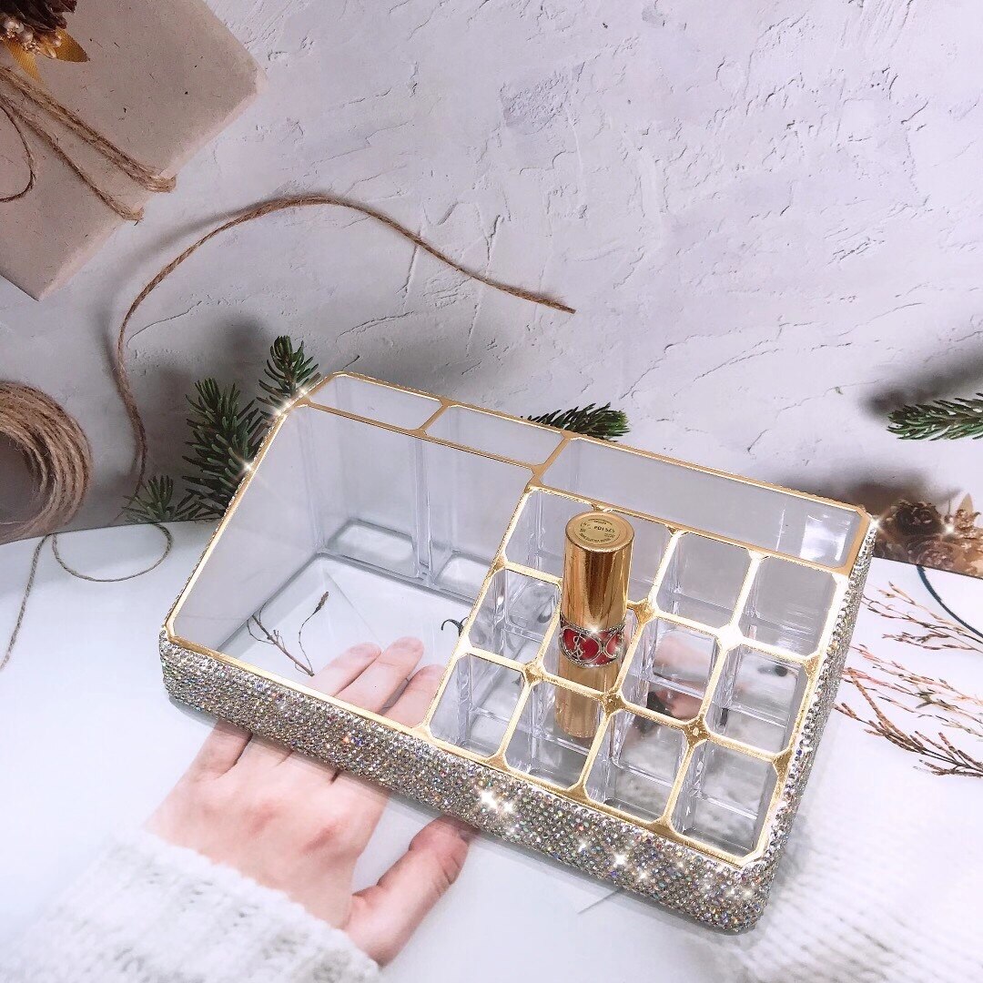 Sparkling Acrylic Box Make Up Organizer All Rhinestones Handmade Bathroom Organizer Plastic Storage Box Dressing Table Storage: White