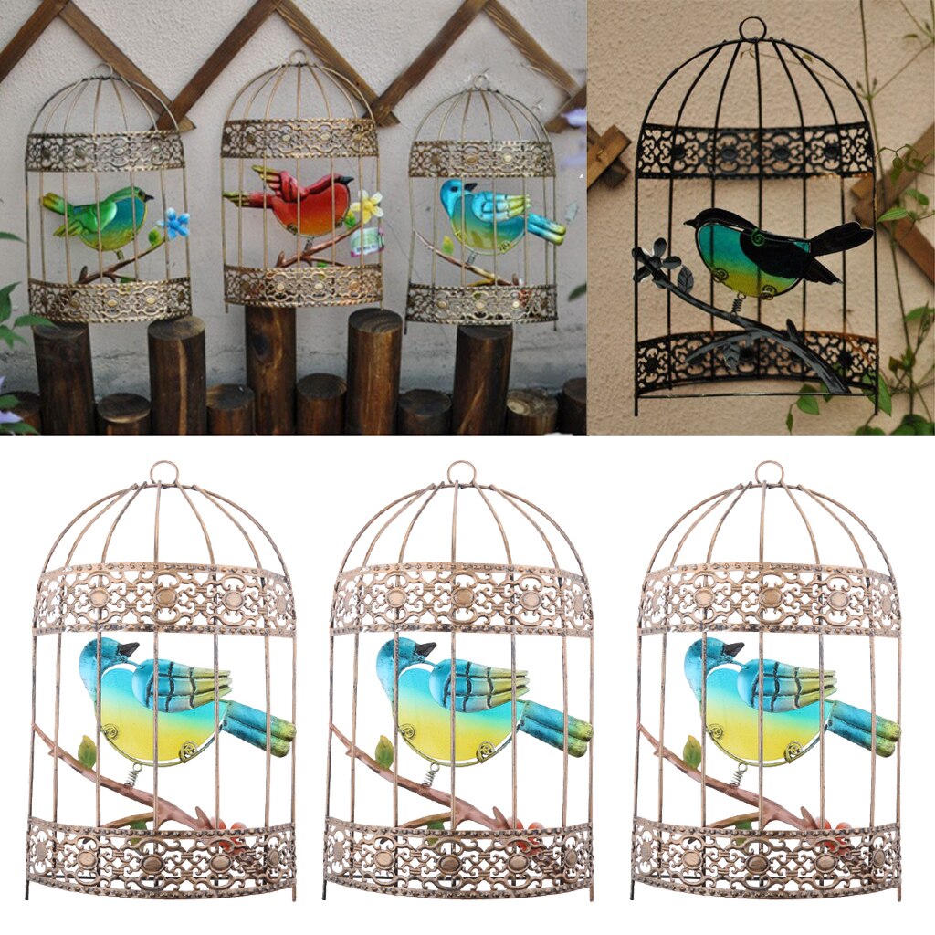 3pcs Garden Sculpture Wall Art Hanging Ornaments Metal Art Bird Cage Home Decor
