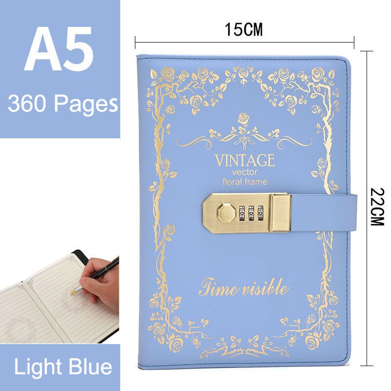 Password Lock Notebook A5 360 Pages Diary Notebook B6 300 Page Students Secretly Keep Notebook Diary Hand Ledger: A5 Light Blue