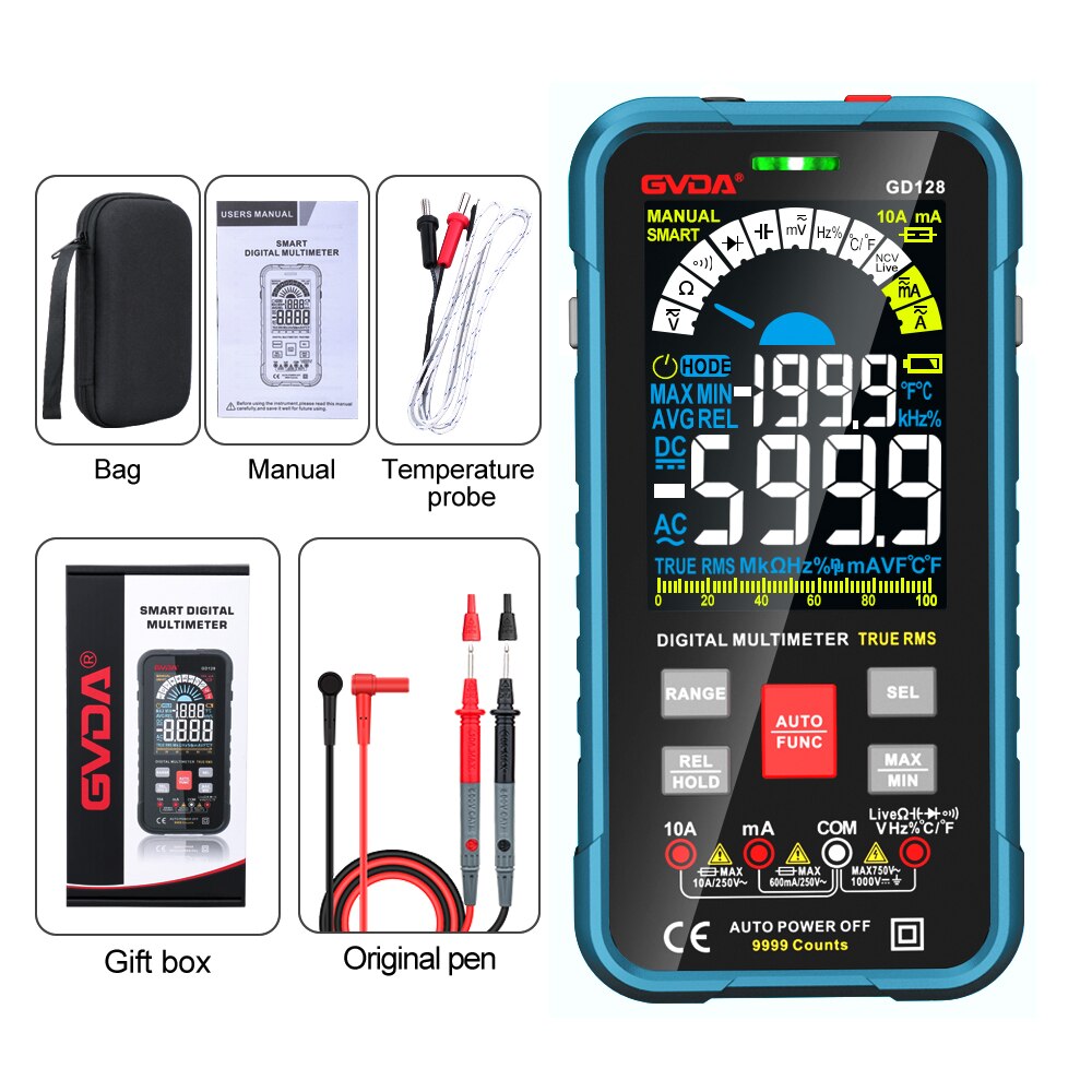 GVDA 9999 Counts Digital Multimeter Auto Range 1000V 10A Tester Meter Ohm Hz Capacitance True RMS AC DC DMM Smart Multitester: GD128 blue