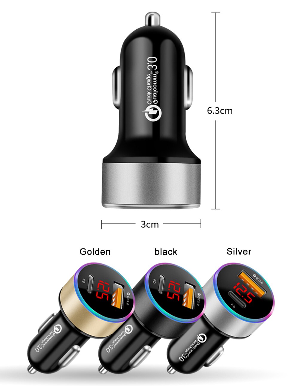 Cargador de coche Universal QC 3,0 PD, salida USB Dual para Huawei P10 Plus Mate 9, Xiaomi Mi5 Mi6 Plus, pantalla Led de voltaje