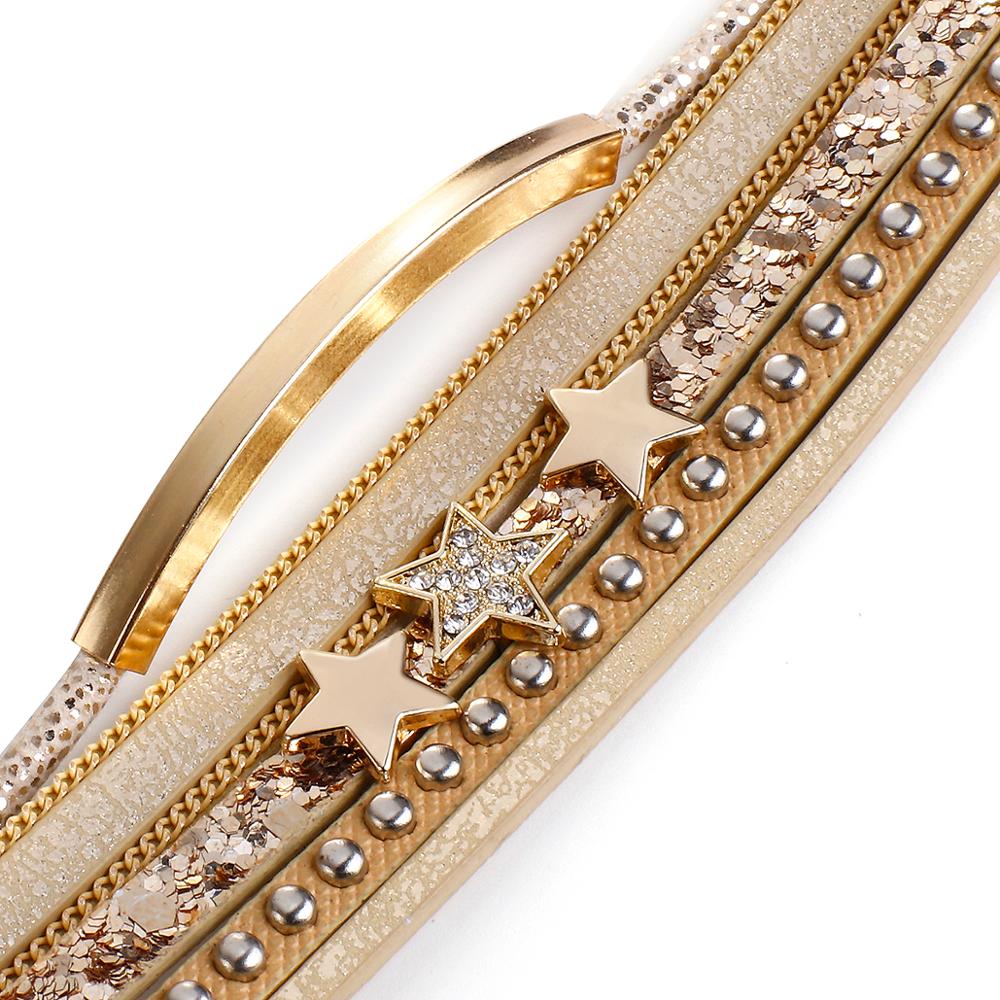 Flashbuy Trendy Gold Color Stars Leather Bracelet for Women Multilayer Wide Wrap Bangles Couple Jewelry