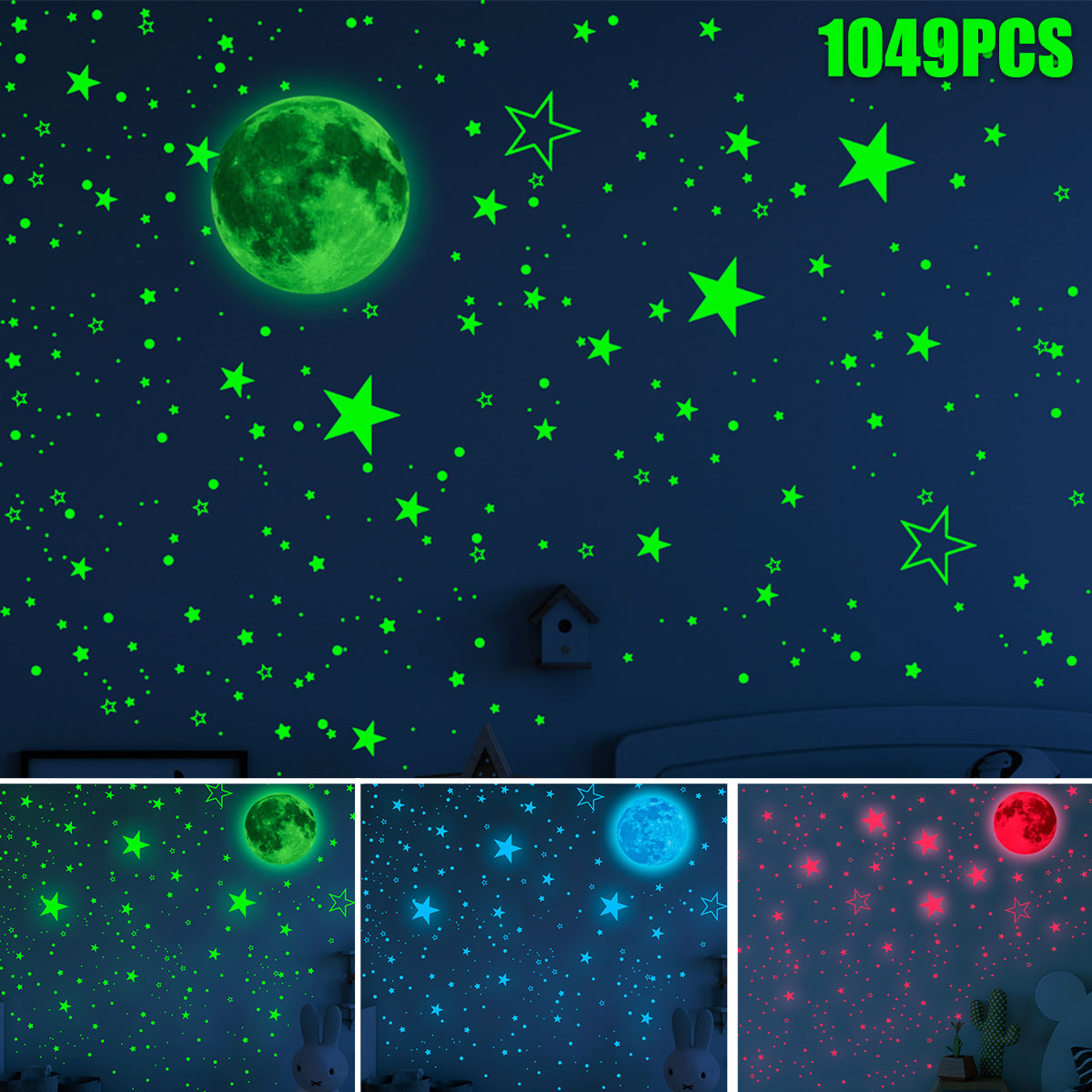 1049Pcs Glow in The Dark Stars and Moon Wall Stickers Adhesive Glowing Stars Beautiful Wall Decals Kids Room Ceiling Walls Decor