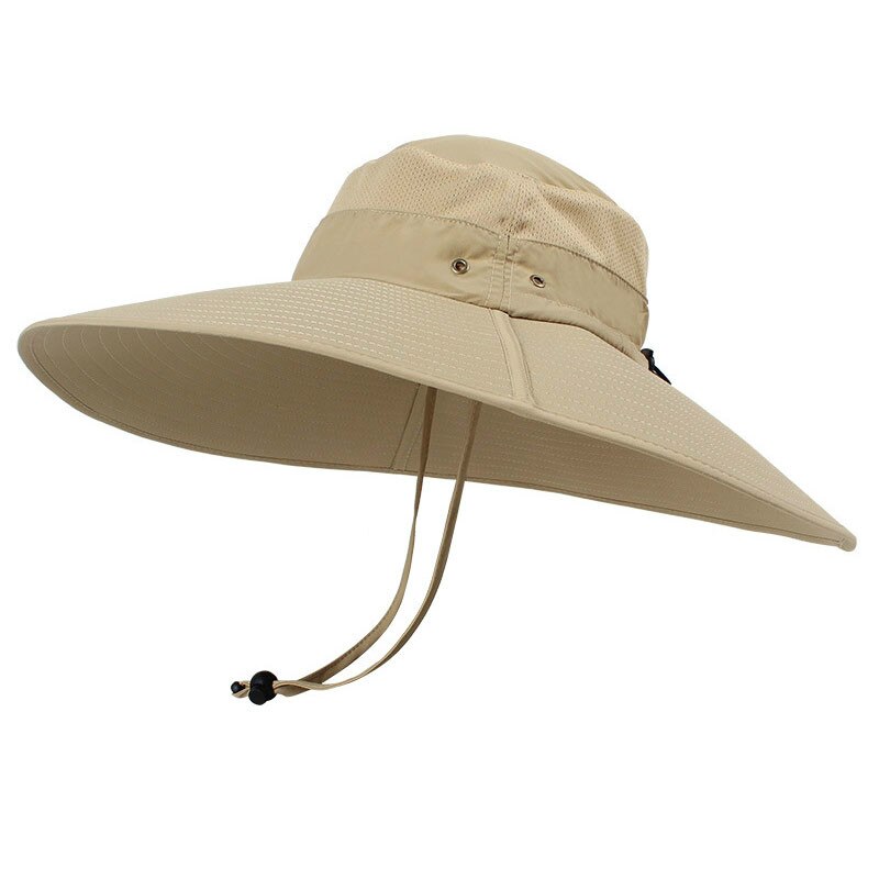 15cm super lang bred rand spand hat åndbar hurtig tørre mænd kvinder boonie hat sommer uv beskyttelse cap vandring fiskeri solhat: Khaki