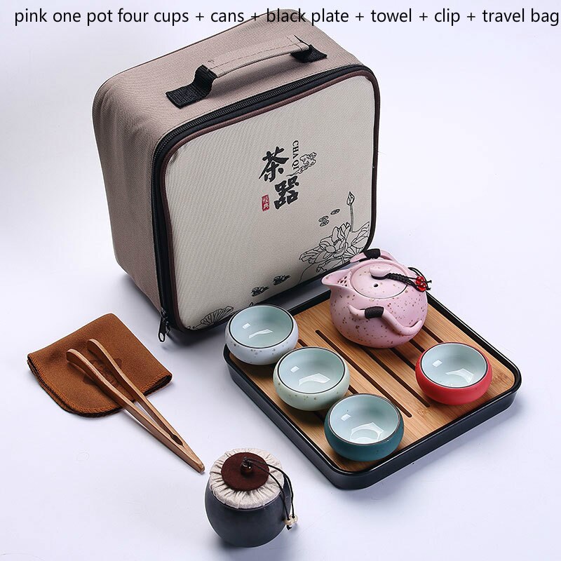 6Pcs Travel Tea Set Porcelain Double Wall Cup Flower Dragon Moutain Teapot Kung Fu Tea Set Teaware A: C-pink