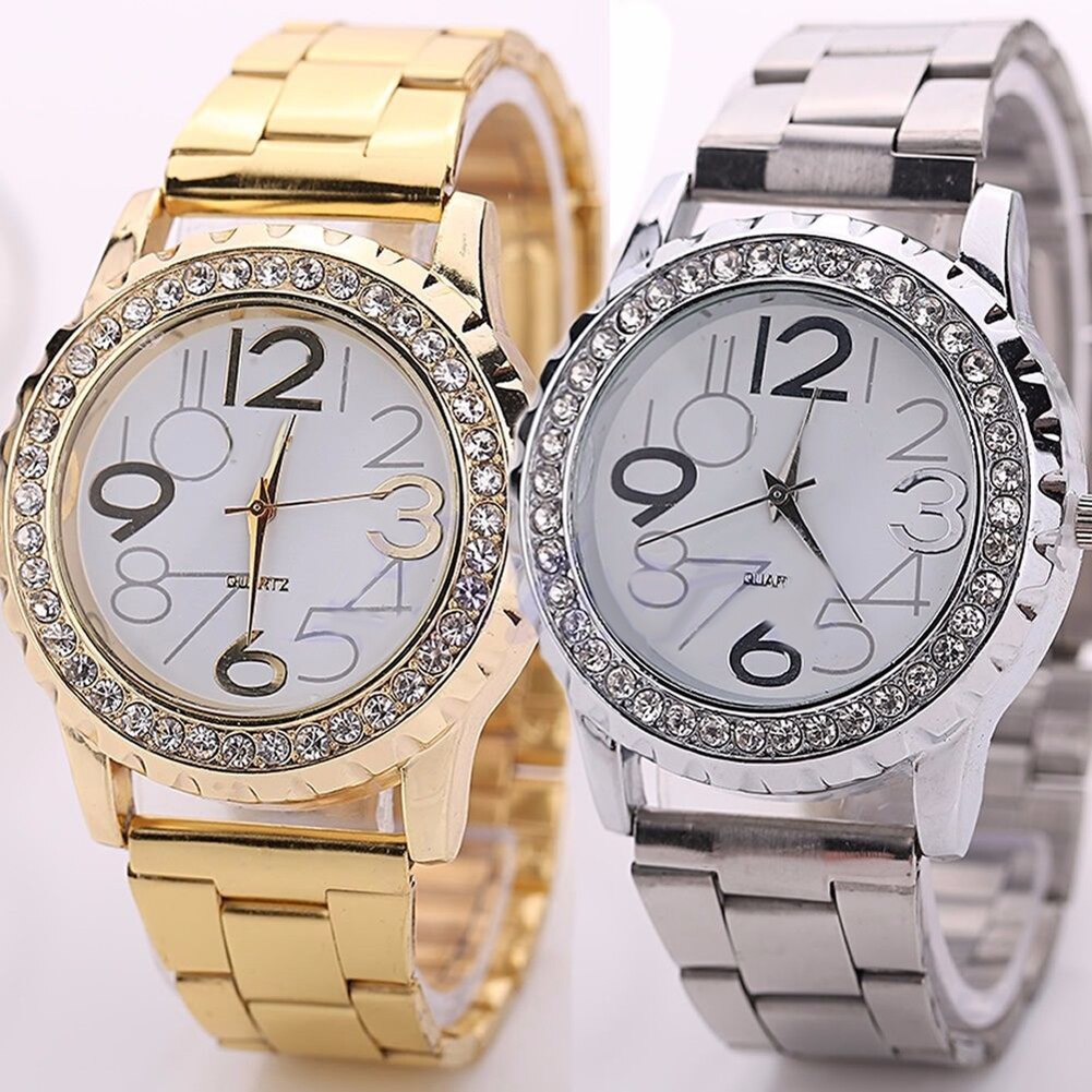 Unisex Rhinestone Rvs Band Analoge Quartz Paar Horloge Dames Jurk Horloges Luxe