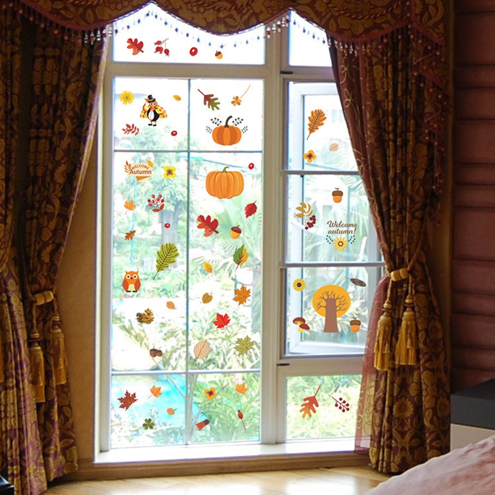 6 sheet fall Leaves Window Clings - Thanksgiving Maple Decorations Autumn Sticker Decals Party Decor Ornaments