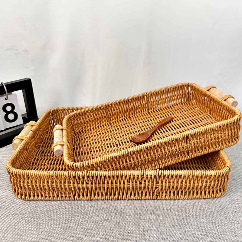 Cestas de mimbre tejidas de imitación de plástico para pan, fruta, verdura, restaurante, mesa para servir, cesta de almacenamiento redonda de ratán