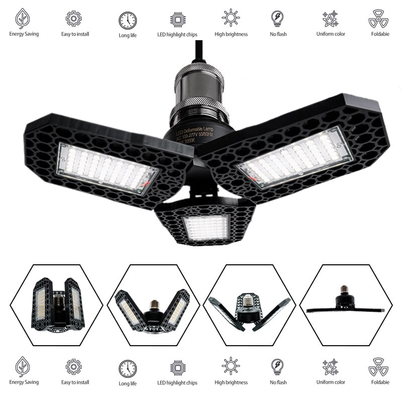 Deformerbar lampe  e27 led pære 40w 60w 80w garagelys 360 grader  ac85-265v deformerbar lys til værksted lager fabrik gym