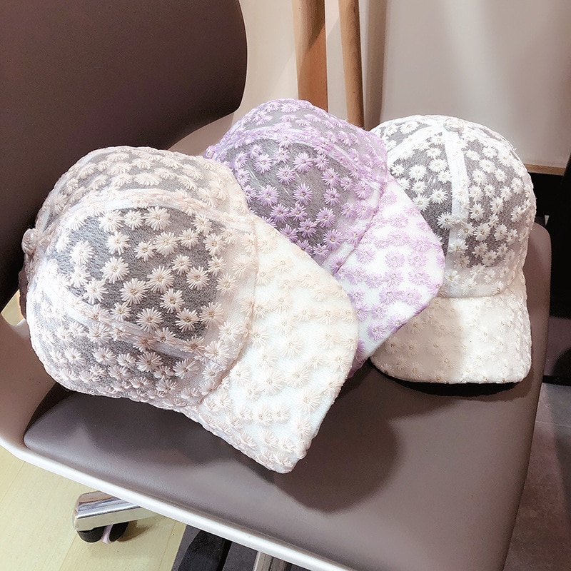 Uspop Baseball Caps Zomer Ademende Cap Geborduurde Bloemen Cap Ins Chrysant Kant Ademend Baseball Cap