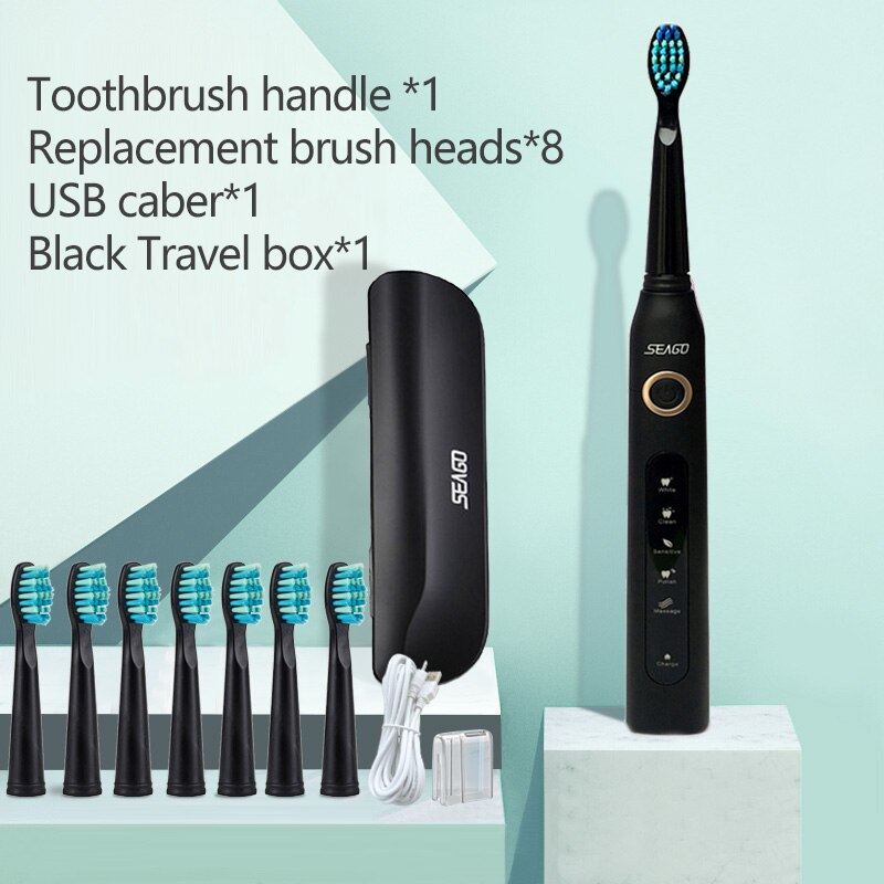 SEAGO Sonic Electric Toothbrush Adults Timer 5 Modes USB Rechargeable Tooth Brush Replacement Brush Head Nozzles Box SG-507: black5head1box