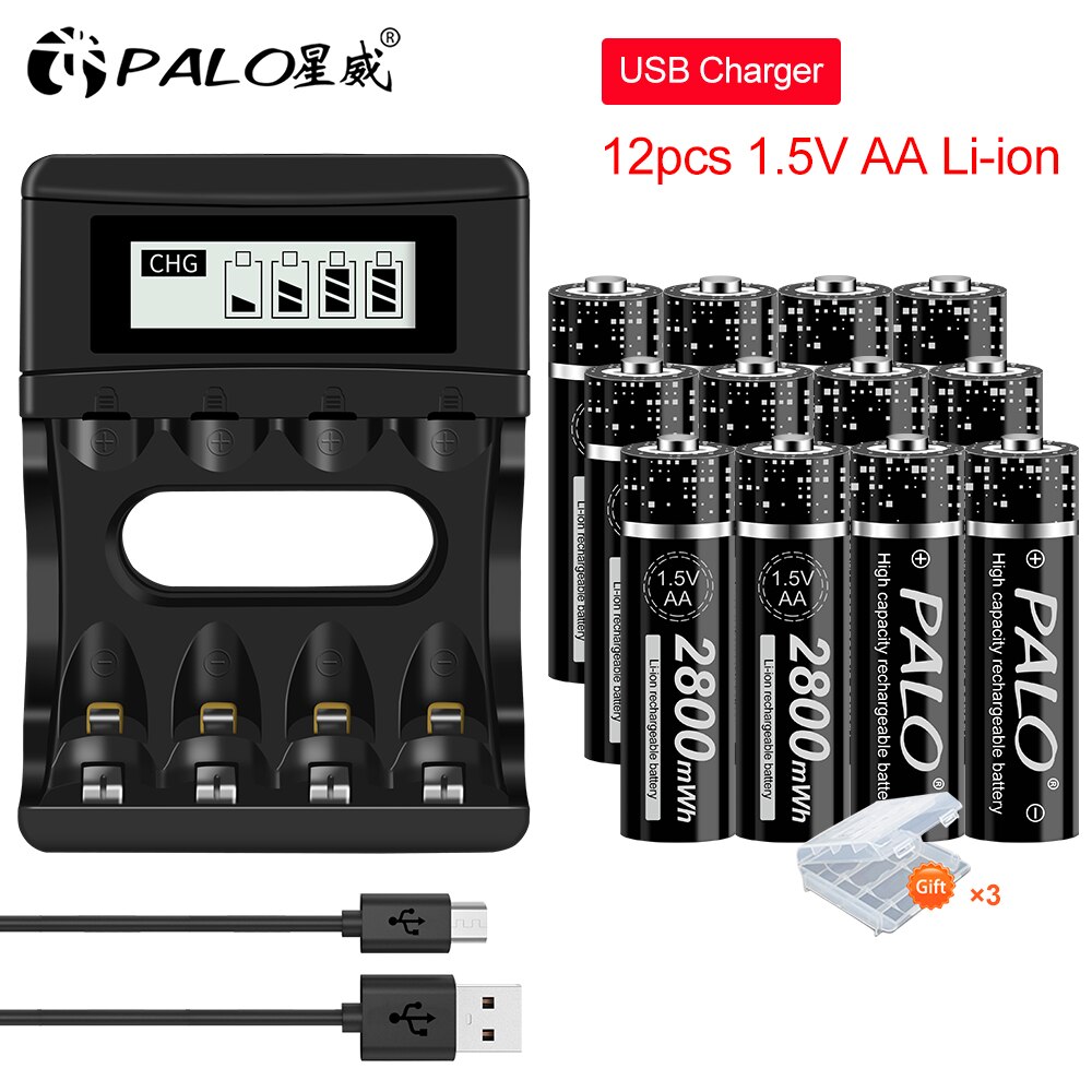 PALO – batterie rechargeable AA 1.5V, 2800mwh, lithium-ion, AA + 4 canaux, polymère, 1.5V: 12AA and charger