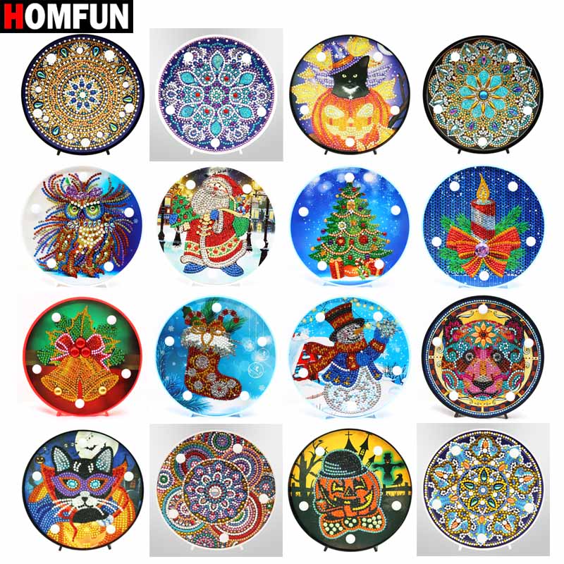 Homfun diamant maleri led lampe lys mandala 5d diamant broderi landskab rhinestones diy diamant jul halloween