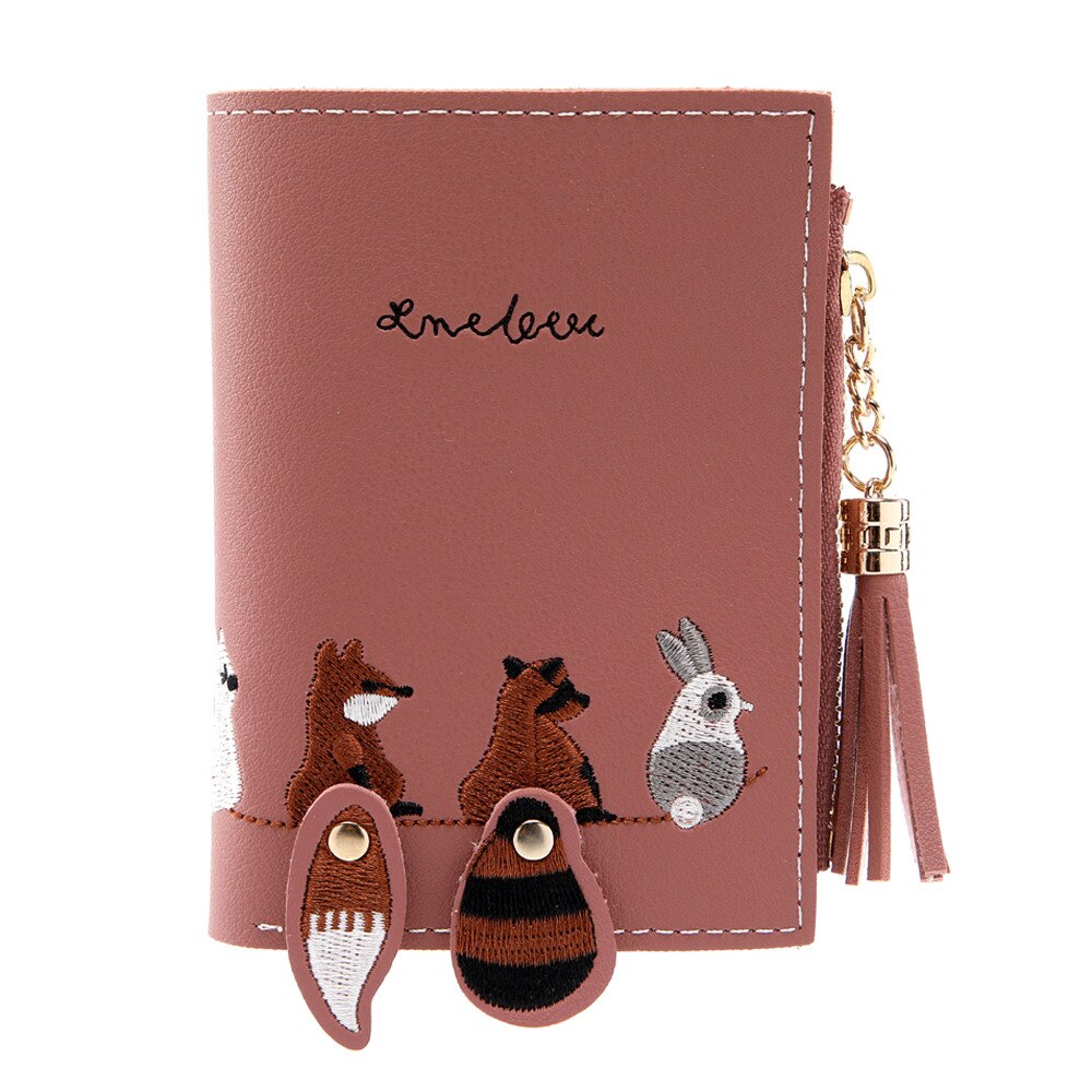 Damen-geldbörse mit fuchs- und katzenmotiv, kurze geldbörse mit quaste, münzfach, kartenhalter, handtasche, rosa, grün, schwarz, grau, damen-geldbörsen und -portemonnaies, carteira  #t20: verrotten 
