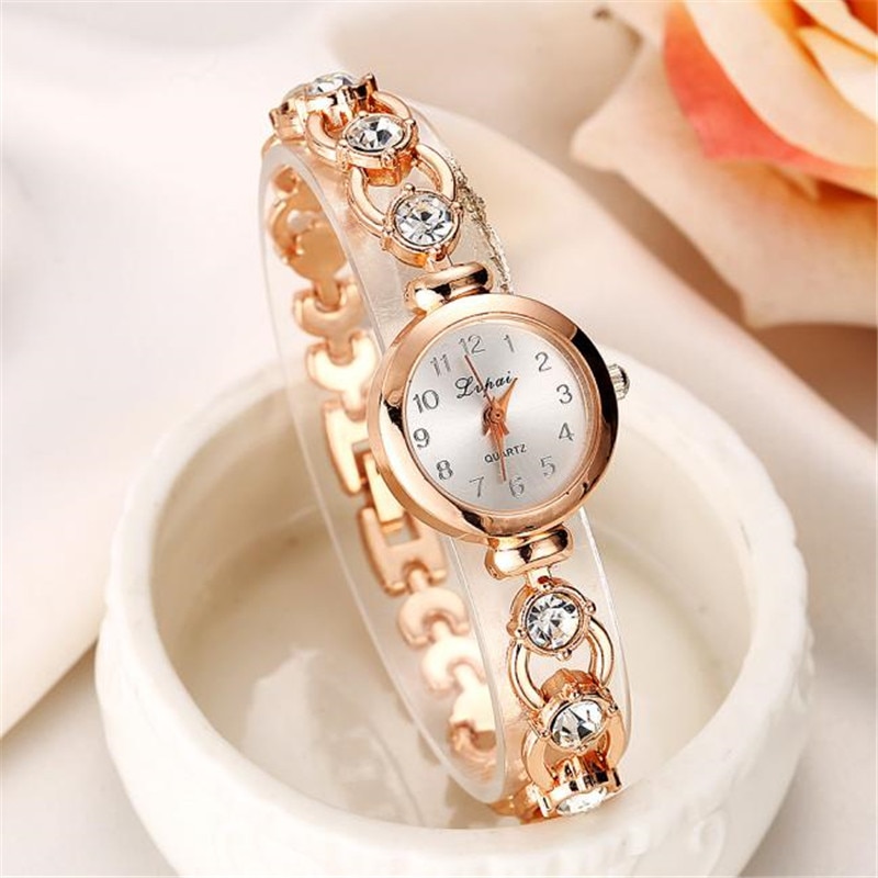 Lvpai dameure rosa guld vintage armbåndsur luksus mærke rustfrit stål med rhinestones kvinde ur relogio feminino