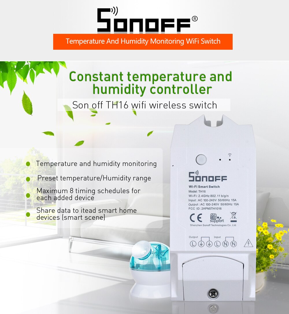 SONOFF básicos R2/TH10/TH16/doble/POW R2/básica RF interruptor inalámbrico inteligente luz temporizador 220V Wifi interruptor Módulo de automatización de domótica: SONOFF TH16