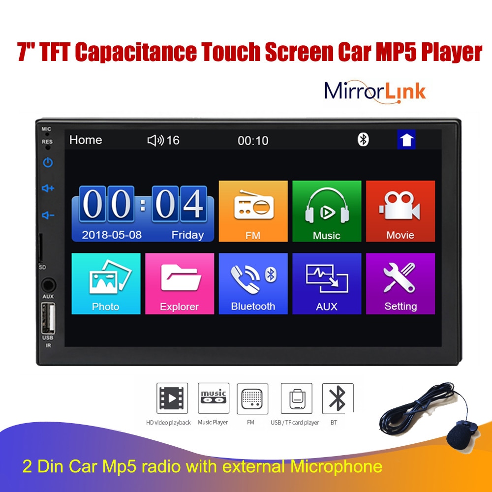 2 Din Capacitance Touch Screen Car MP5 Player with Bluetooth FM Radio Receiver Support Rear Camera external microphone radio