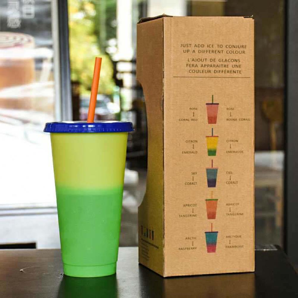 5PCS Reusable Color Changing Cold Cups Plastic Tumbler With Lid Durable Discoloration Changing Colour Cup With Straws Set