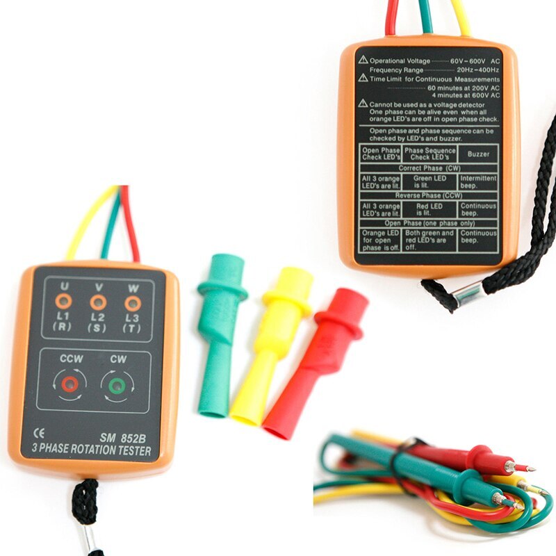 3 Phase Rotation Tester Multimeter Presence Rotation Tester Phase Indicator Detector LED Buzzer Phase Sequence Meter 60V-600V AC