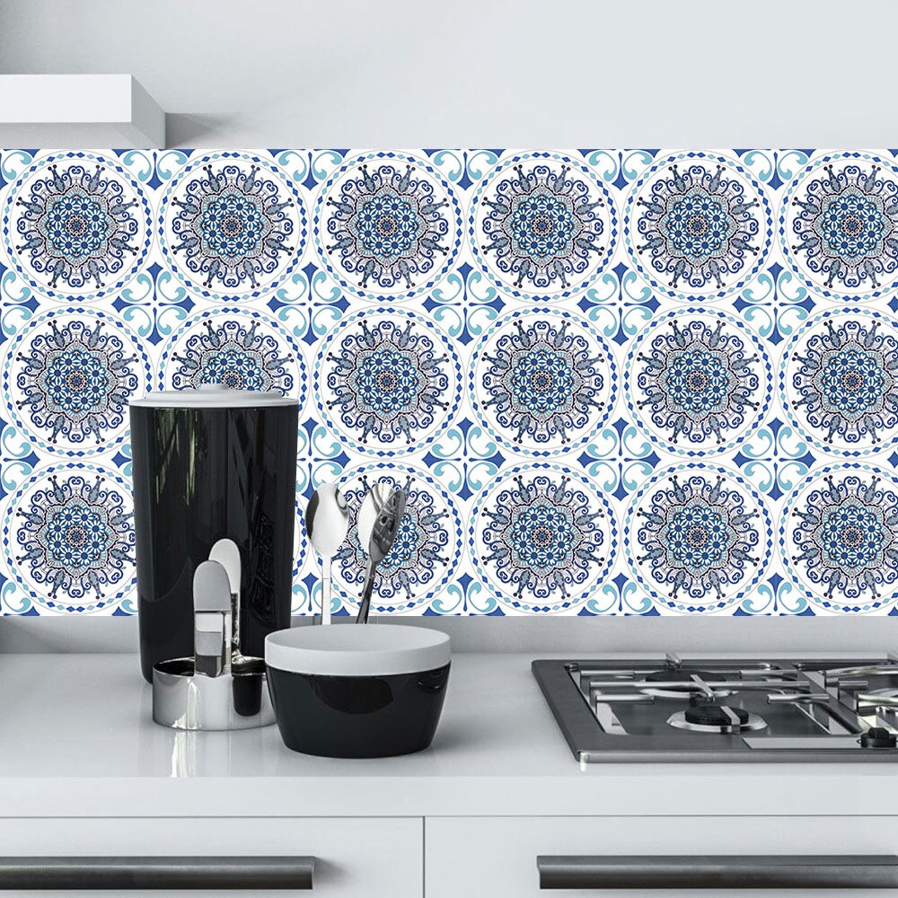 6pcs/set Blue and White Porcelain Pattern Tile Floor Stickers Kitchen Bathroom Ceramics Art Mural Home Decor PVC Wall Sticker