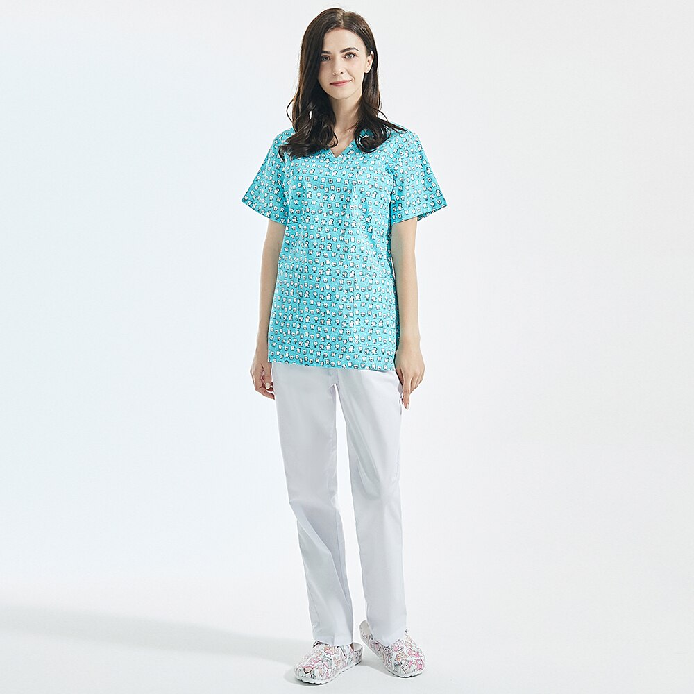 Col en v respirant scrubs vêtements de travail dessin animé impression scrubs hauts/chemises uniforme animal de compagnie toilettage travail vêtements ensemble hommes et femmes