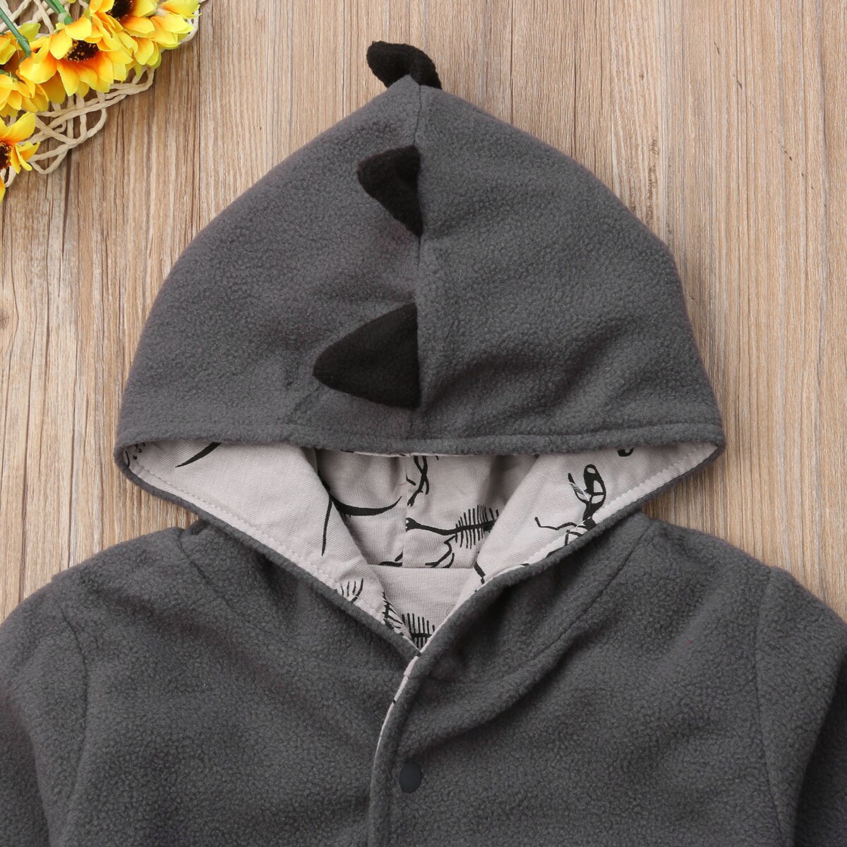 Dinosaur Kids Baby Boy Girl Coats Gray Cotton Hooded Fleece Front Open Fall Winter Long Sleeve Jacket Coat Top