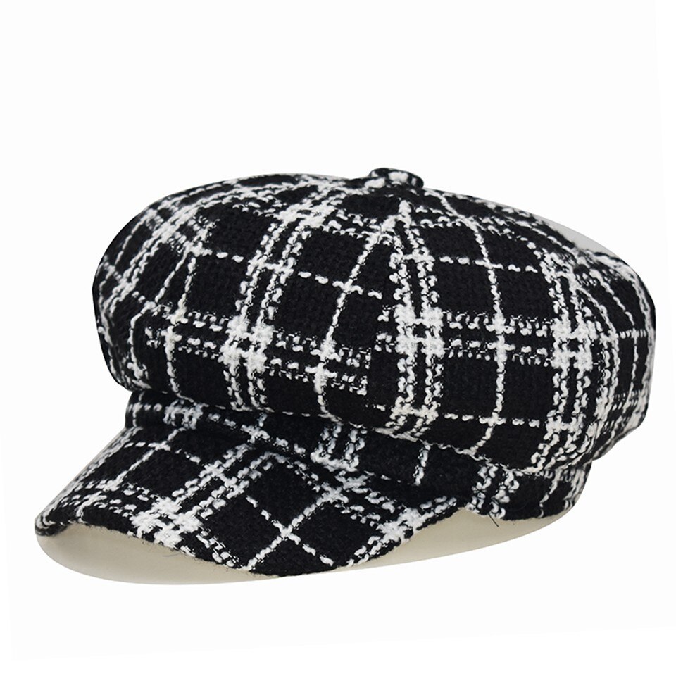 Tweed-Plaid Newsboy Newsboy Cap for Women,Cabbie Beret Visor Brim Hat: Black