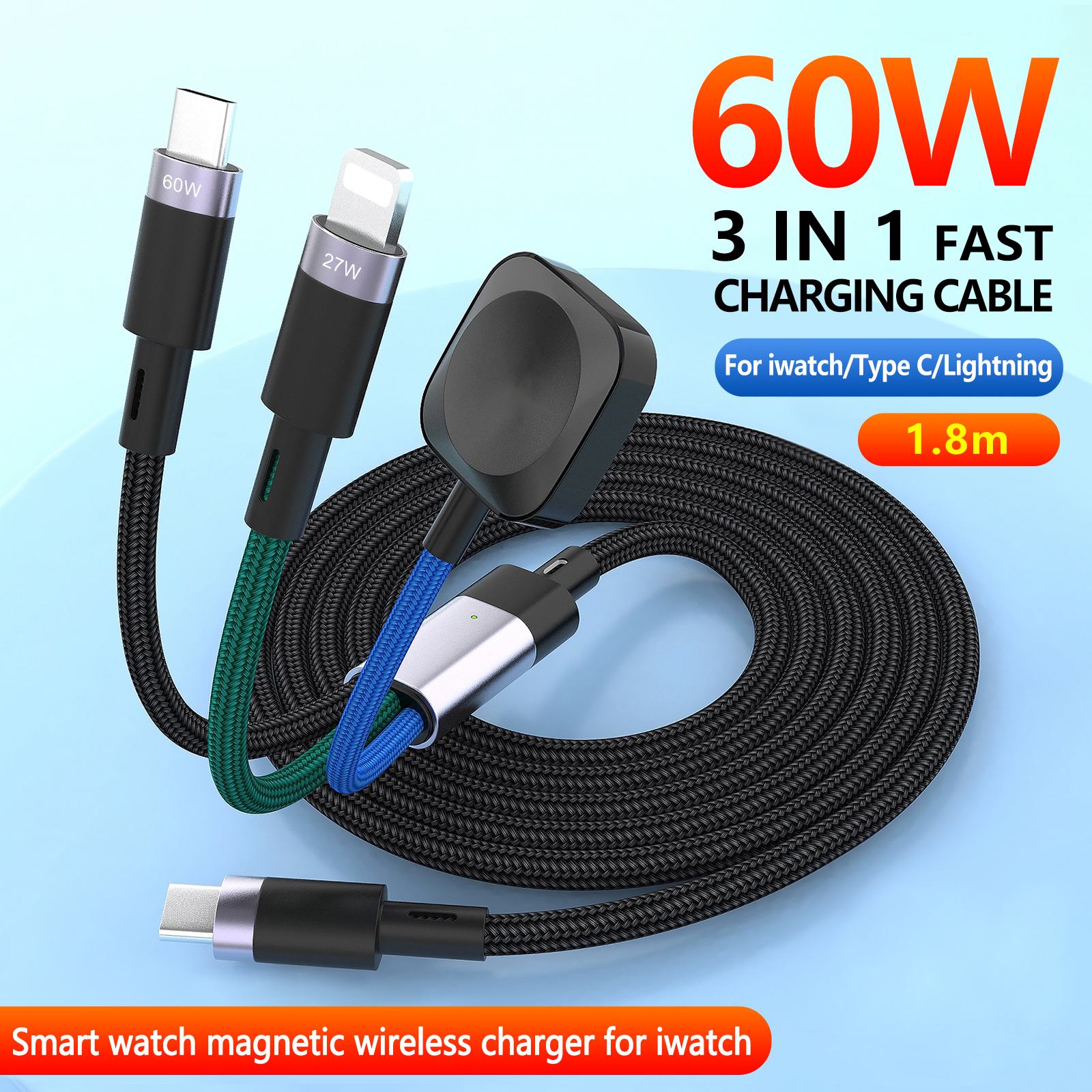 USB C Charger for Apple Watch, 3 in 2 Charging Cable with for Apple iWatch iPhone 15/14/13/12Pro, Nylon Braided-line: Brown / 10m