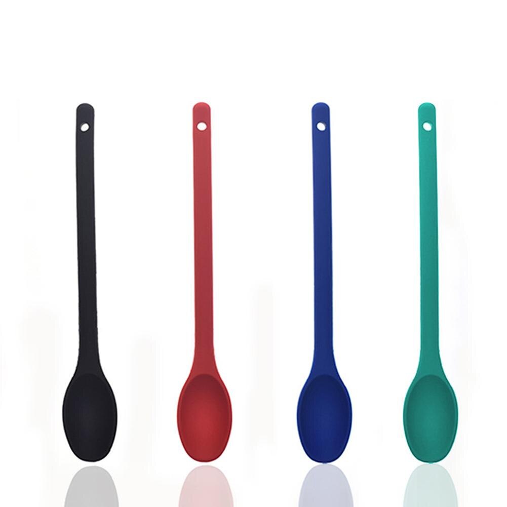 2 Pcs Spoon Long Handle Black Red Blue Green Teaspoons Silicone Salad Food Mixing Stirring Kitchen Cooking Tool Tableware