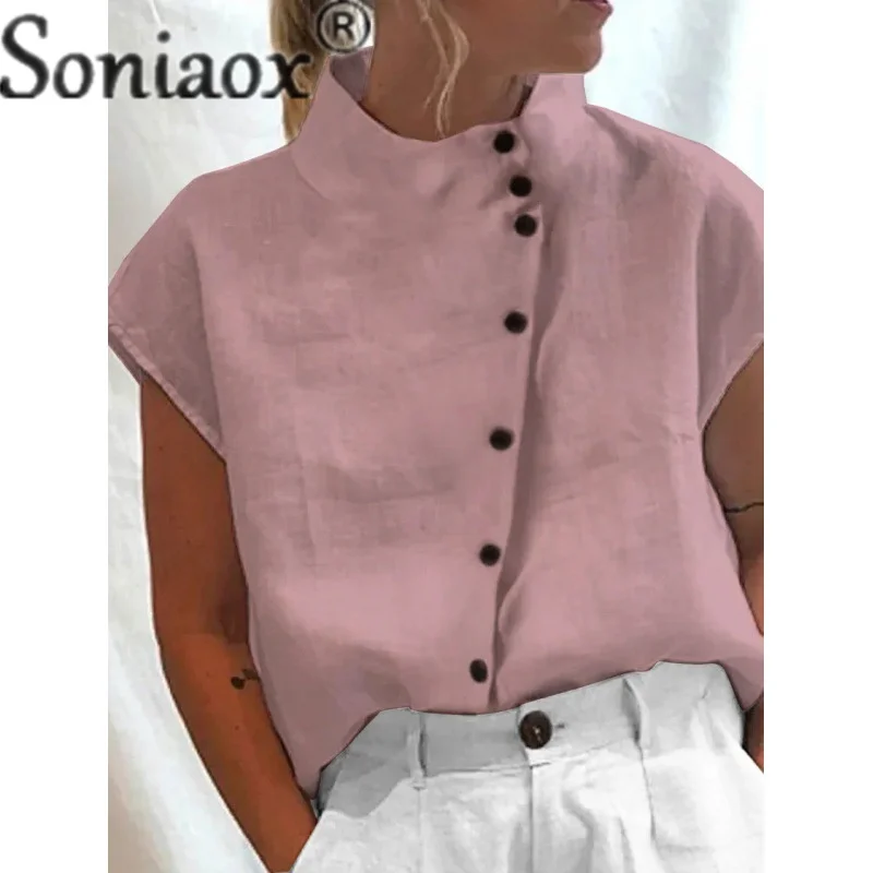 Camisa de lino y algodón con cuello levantado para mujer, cárdigan de estilo Simple con una botonadura, Tops, blusa holgada informal para mujer 2023: XXXL / Rosa