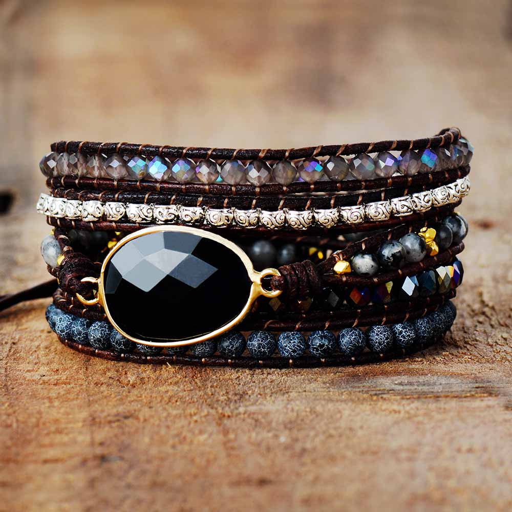 Inheemse Geïnspireerd Lederen Armband Zwarte Onyx Mix 5 Strengen Geweven Wrap Armbanden Bohemian Sieraden: With Center Stone