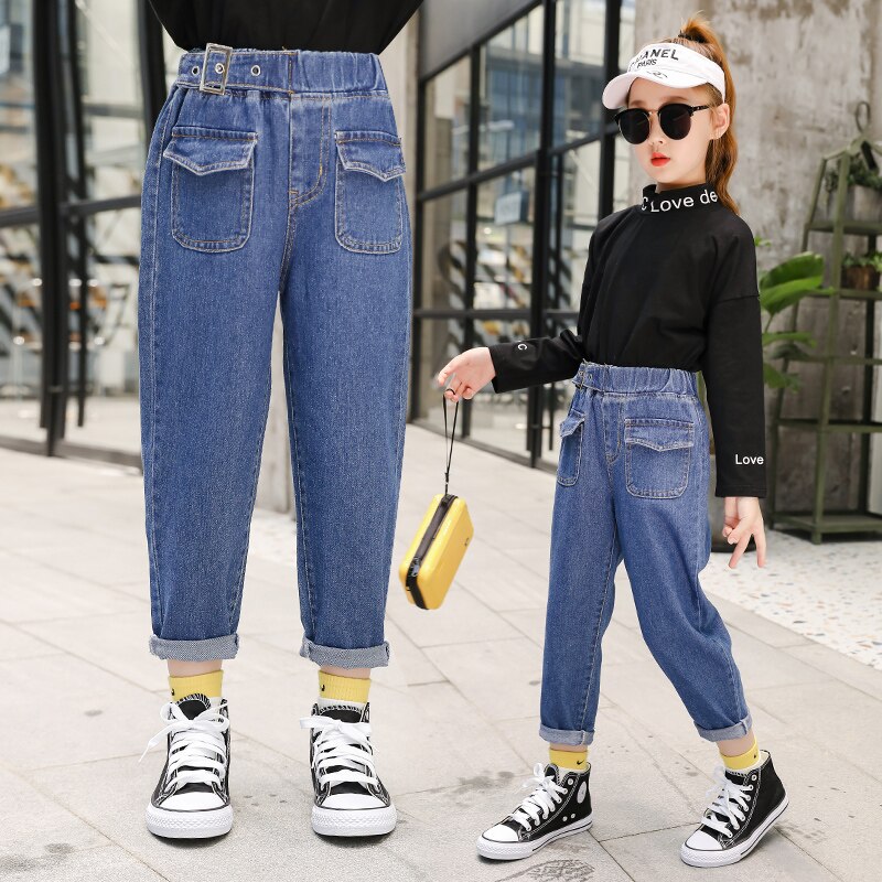automne bébé filles jean avant patch poche Denim pantalon ceinture décoration enfants pantalons enfants filles jean pantalon décontracté