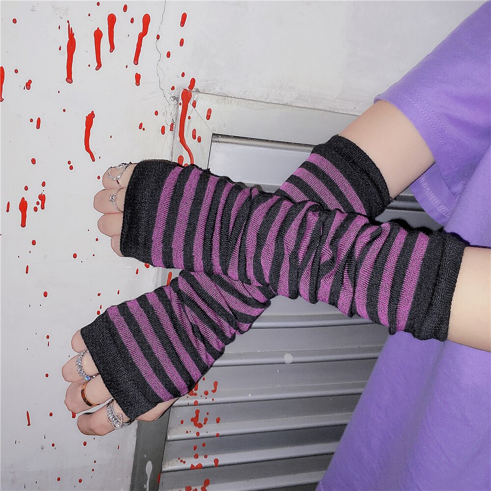 Gant gothique Harajuku Punk Style Rose rouge rayé, mi-doigt Long, 9 couleurs, gants longs pour filles, Streetwear: 6
