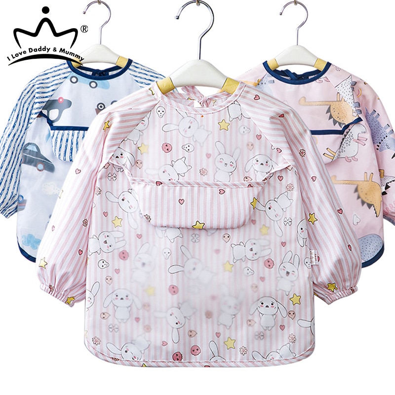 Baberos de la historieta linda del bebé con el bolsillo impermeable del niño de los niños de manga larga delantal de alimentación del bebé baberos Burp Cloth