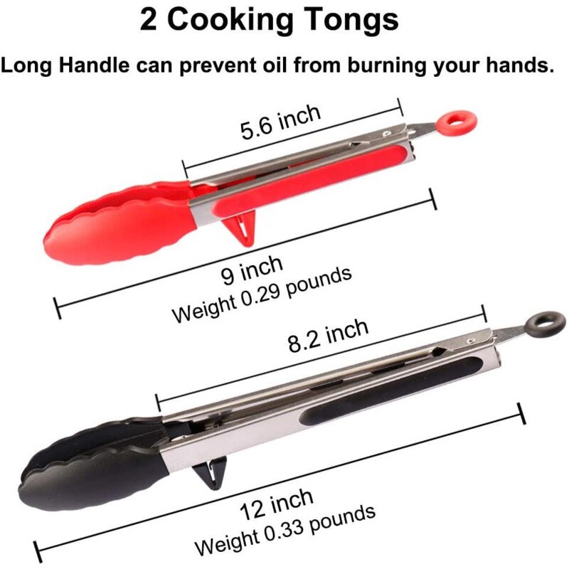 2PCS Food Tong Stainless Steel Kitchen Tongs With Non-Stick Silicone Tips Built-in Stand Clip Tong For BBQ, Salad, Grilling, Fry