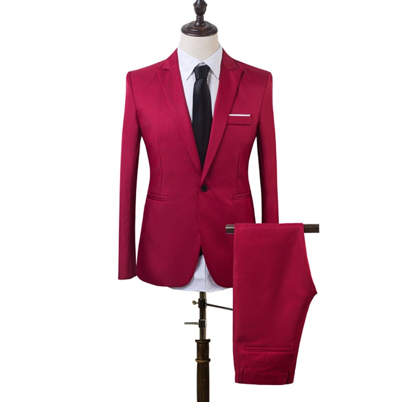 2 PCS Men Slim Fit Formal Business Tuxedos Suit Coat Pants Party Wedding Prom NFE99: Wine Red / XXL