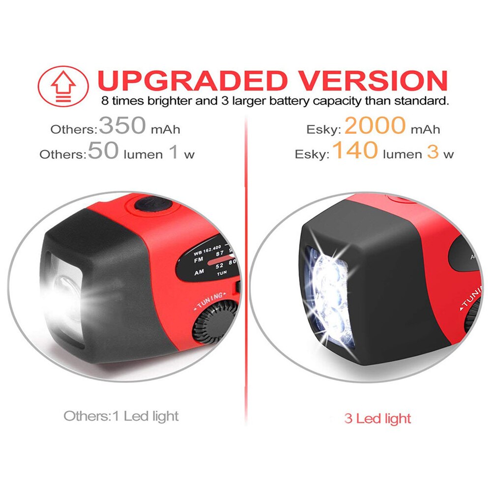 Multifunctional Hand Radio Solar Crank Dynamo Powered AM/FM/NOAA Weather Radio Emergency Flashlight 2000mAh Charger Power Bank