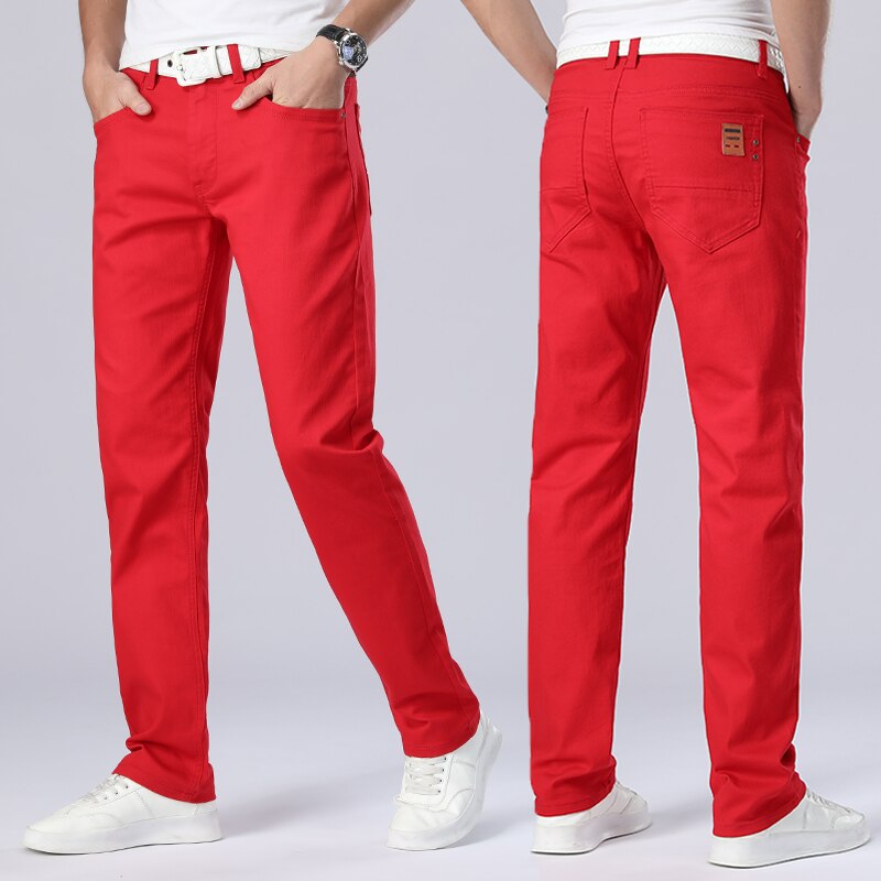 2 stilar herr röda jeansbyxor tunna raka herrjeans slim fit byxor klassiska jean homme spijkerbroeken mjuk