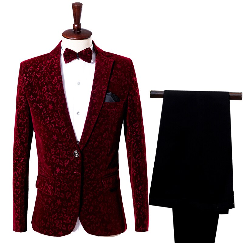 Traje Vintage de vino tinto para hombre, traje ajustado para boda, novio, cantante, mago, actuación, baile, Gala, , caballero, Blazer con pantalones: M