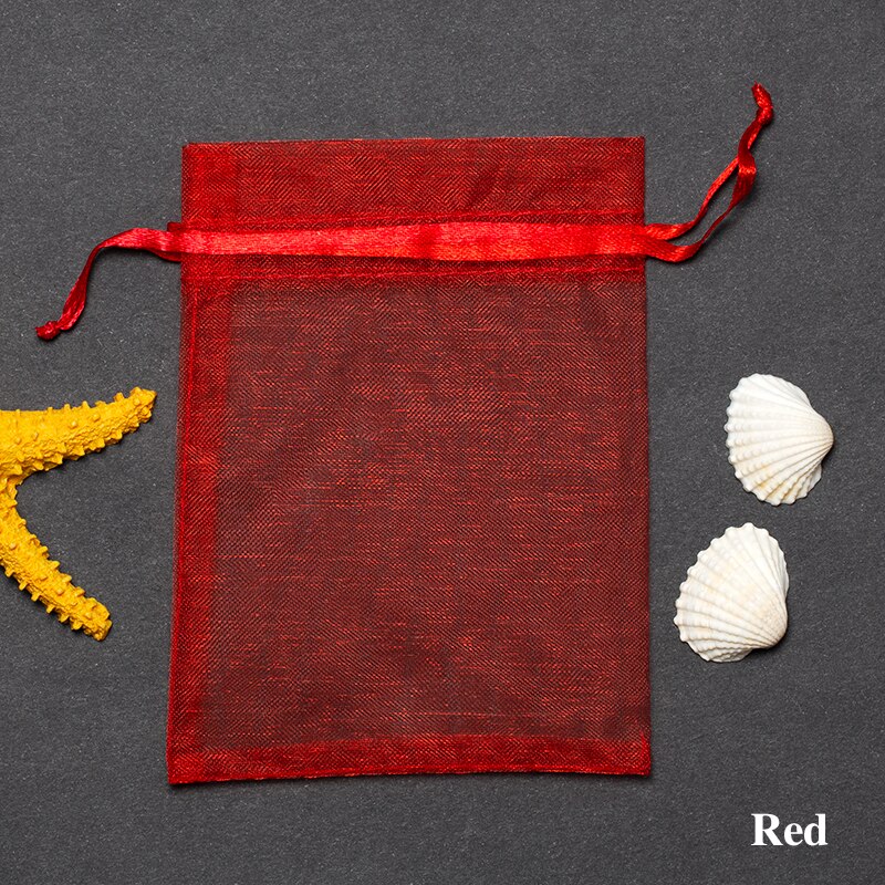 50 sztuk z przeźroczystej organzy torby szuflady etui na biżuterię torba do pakowania prezentów worek na cukierki na ślub bal Party Decor tiul tkaniny 7x9CM: Red