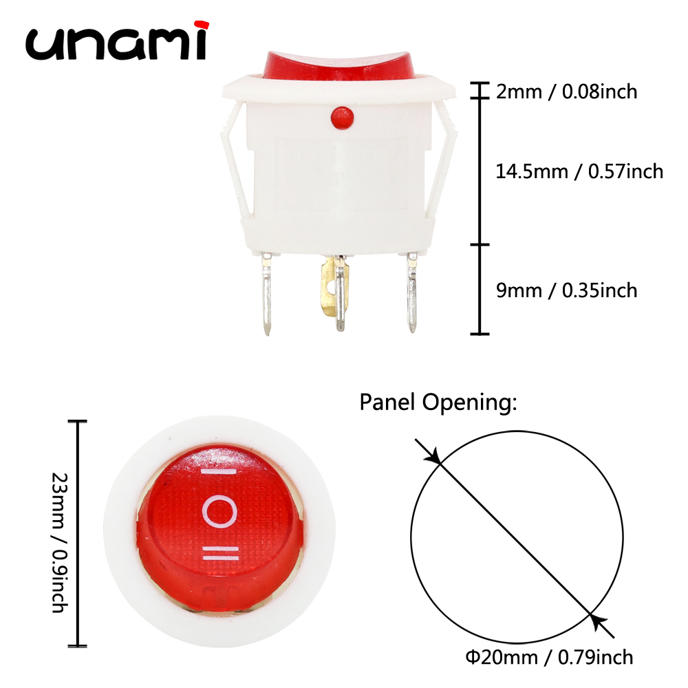 20mm Round Rocker Switch Square Base Black/Red 6A 250V DPDT Power Switches
