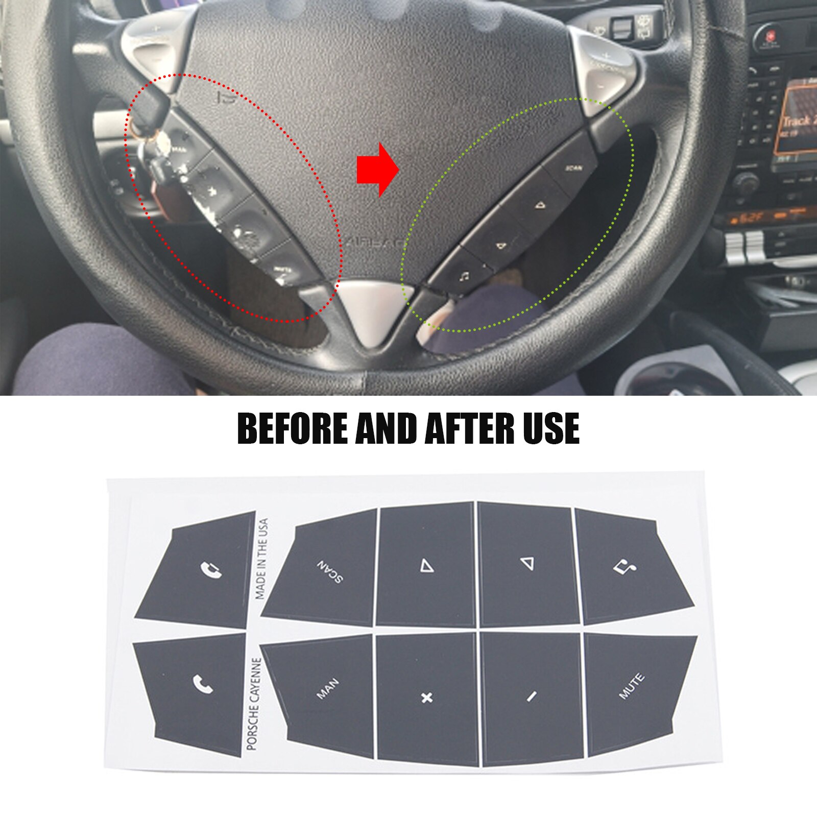 Juego de calcomanías para reparación de botones de volante de coche, pegatinas para Interior automotriz para Porsche Cayenne 2003, 2004, 2005, 2006, 1 Juego