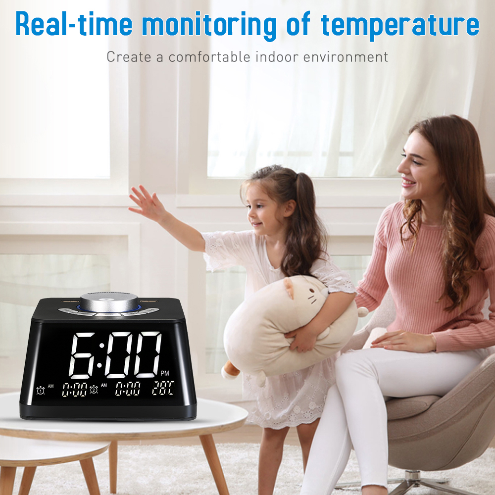 Alarm Clocks Radio Adjustable Volume Display Temperature Dimmer Dual Alarm Digital Clock With FM Radio USB/Battery Table Clock