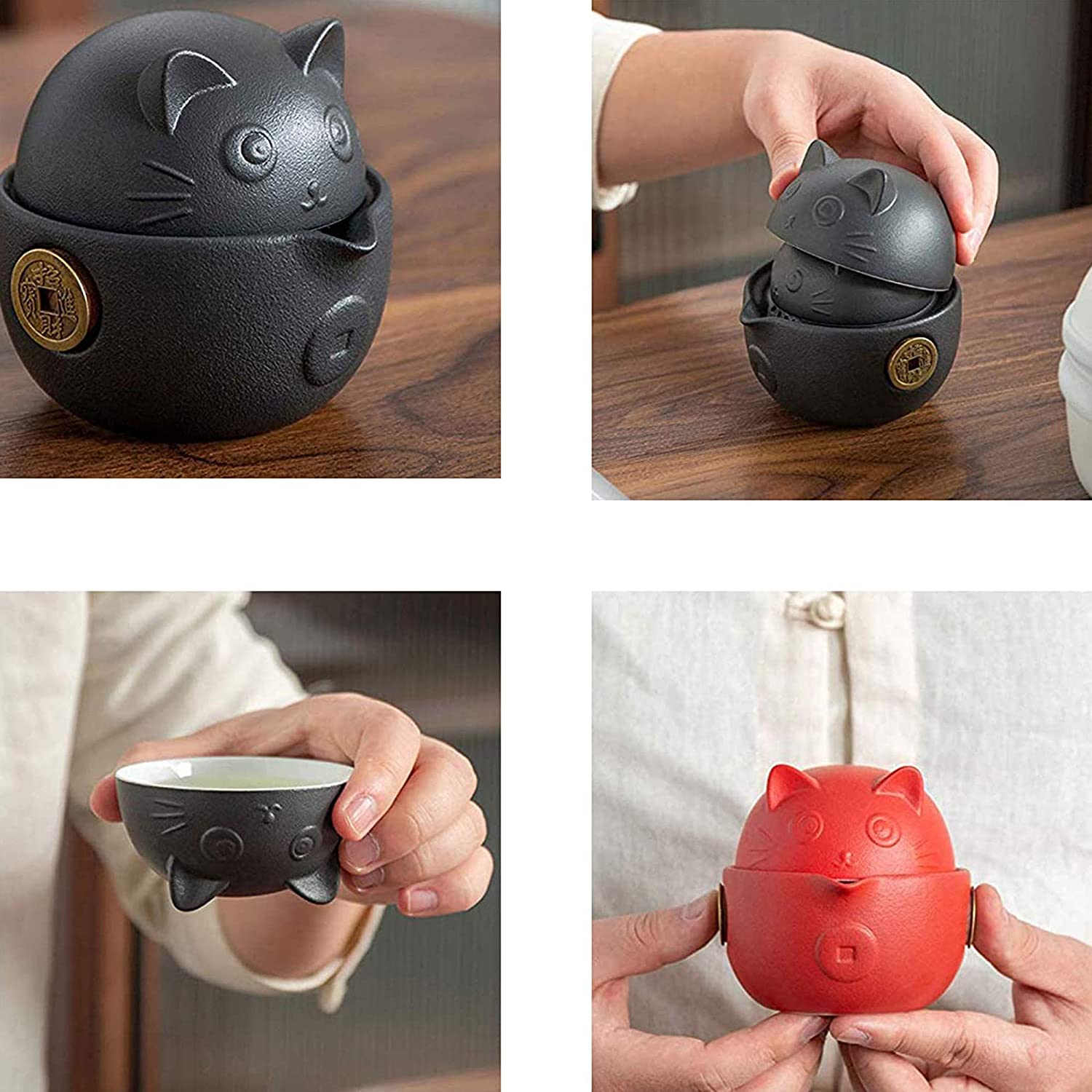 Service à thé Portable en céramique série chat, théière Kung Fu chinoise Anti-brûlure avec sac de voyage, Pots à thé et tasses à thé pour la maison
